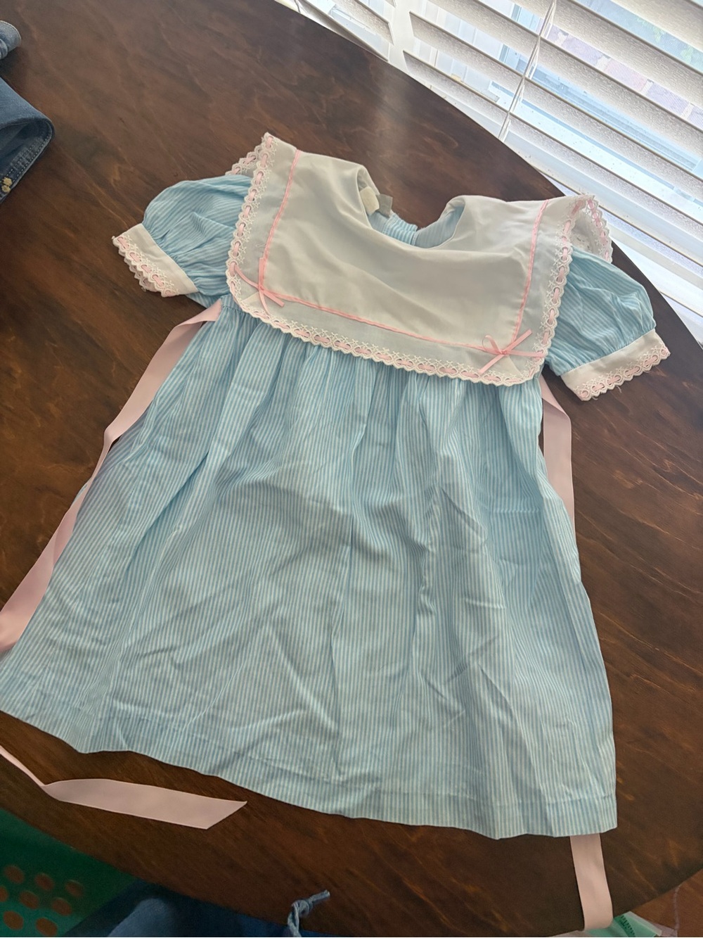 Blue Pinstripe Girls' Sailor Dress with Pink Ribbon Trim vintage children’s